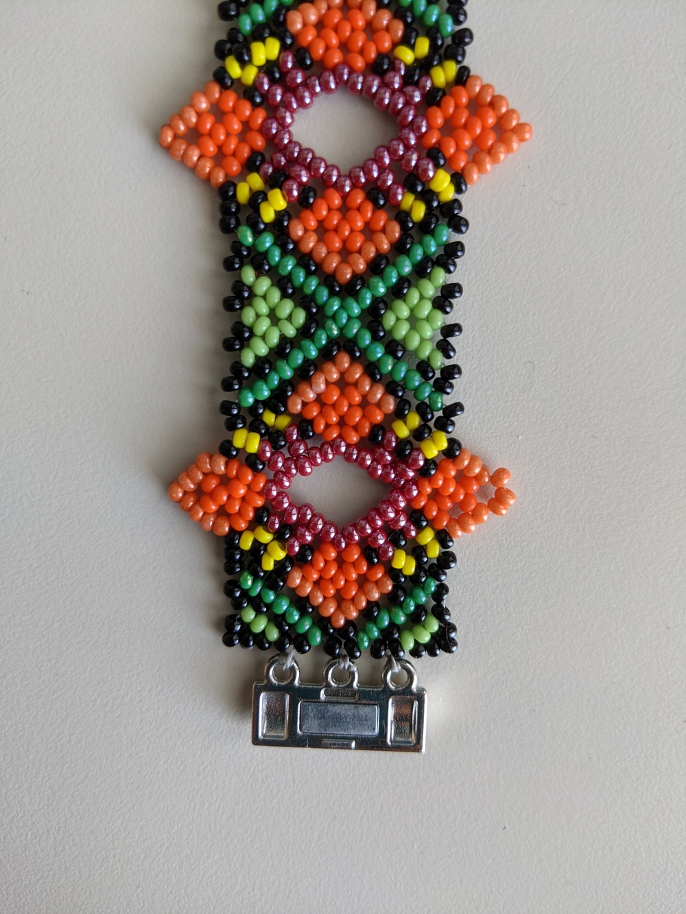Colorful Seed Bead Bracelet — Orange & Green Geometric Design - Picture 4 of 5